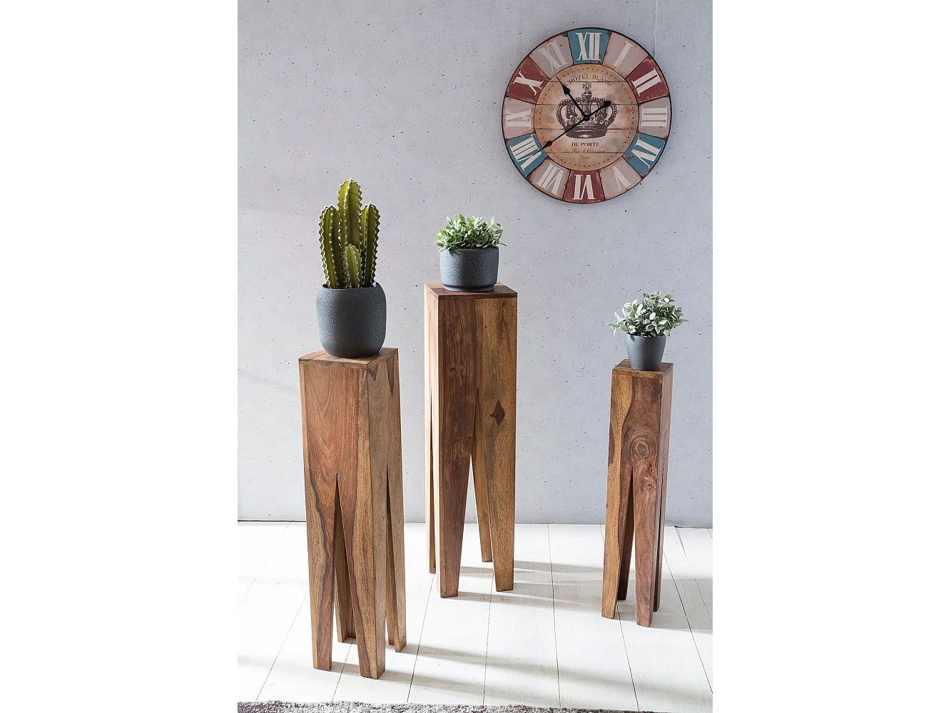 set di 3 tavolini da salotto in legno massello massiccio colonne