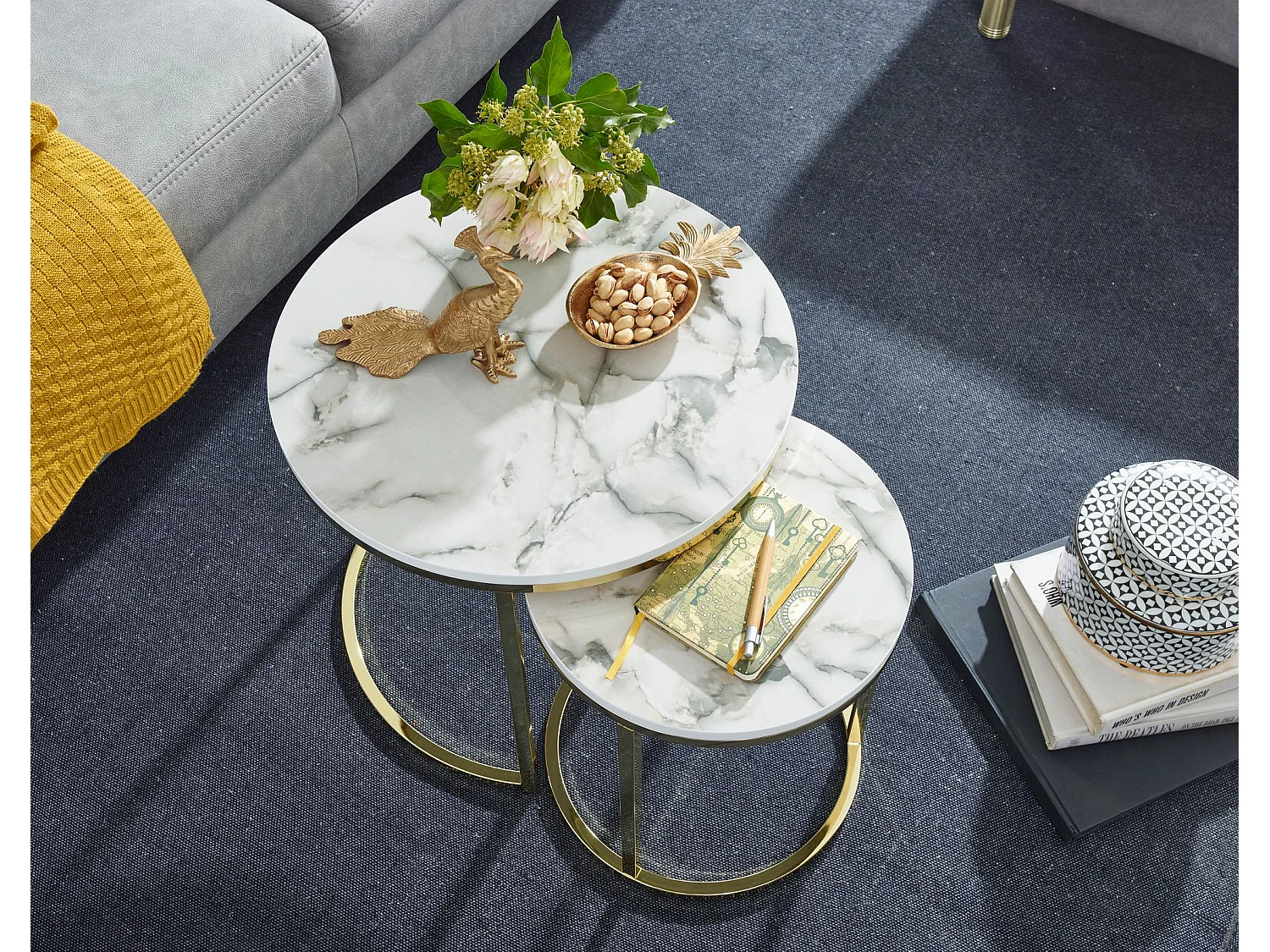 Table d'appoint Lot de 2 Effet Marbré Table Basse de Salon Ronde Moderne