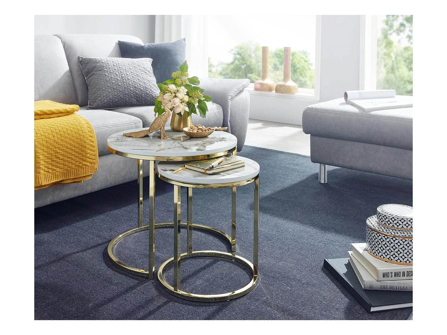Set di 2 Tavolino Salotto Metallo Tavolini da Soggiorno Aspetto Marmo