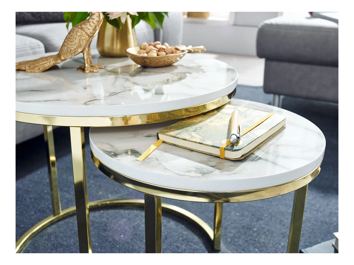 Set di 2 Tavolino Salotto Metallo Tavolini da Soggiorno Aspetto Marmo
