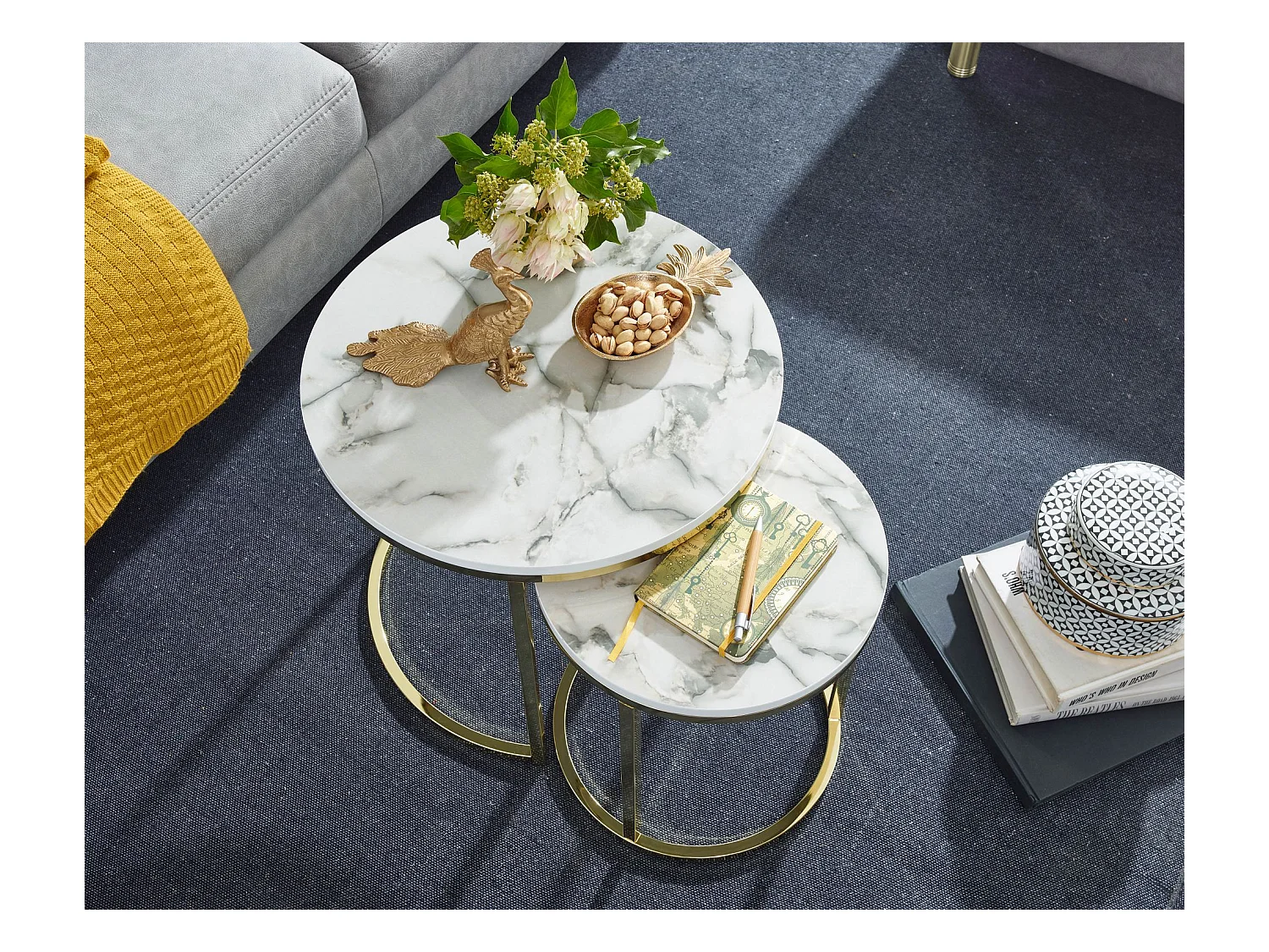 Set di 2 Tavolino Salotto Metallo Tavolini da Soggiorno Aspetto Marmo