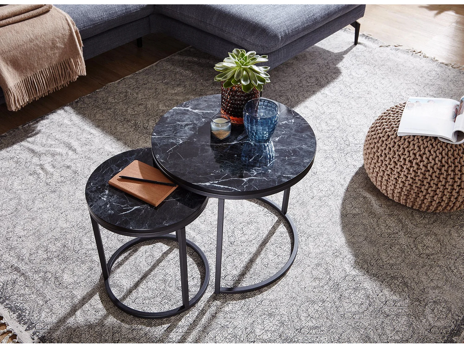 Beistelltisch 2er Set Couchtisch Marmor Optik Wohnzimmertisch Rund Tisch