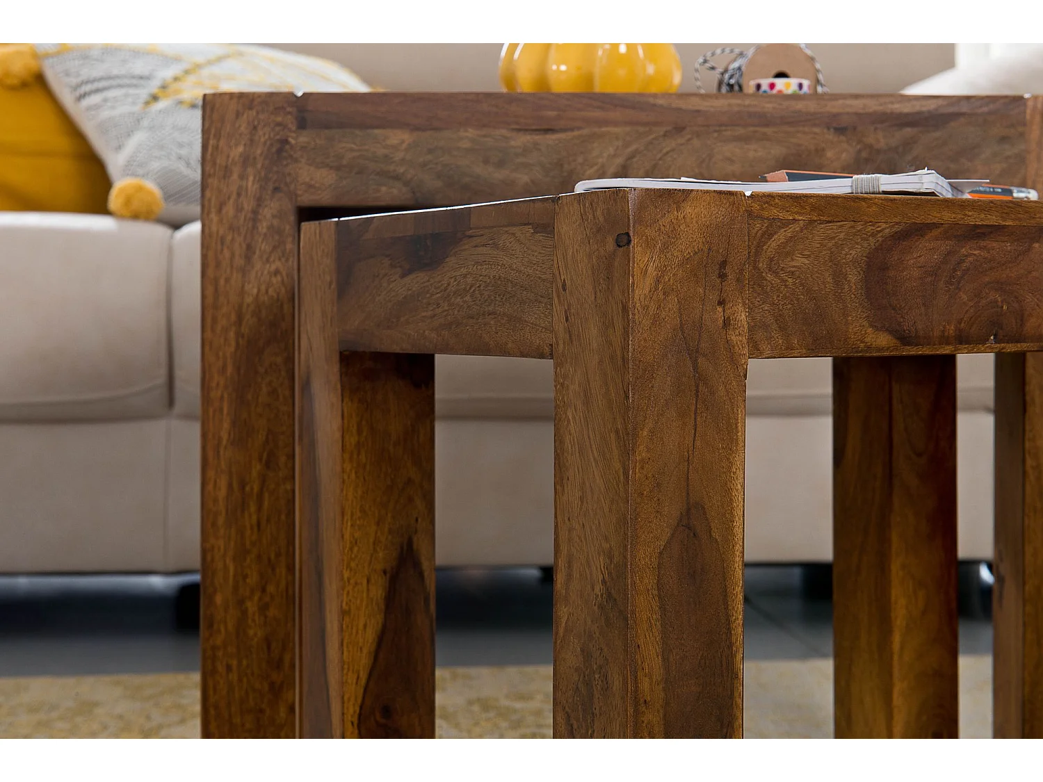 Design Sheesham 3-teiliger Satz Beistell Tisch Massivholz Couchtisch Neu