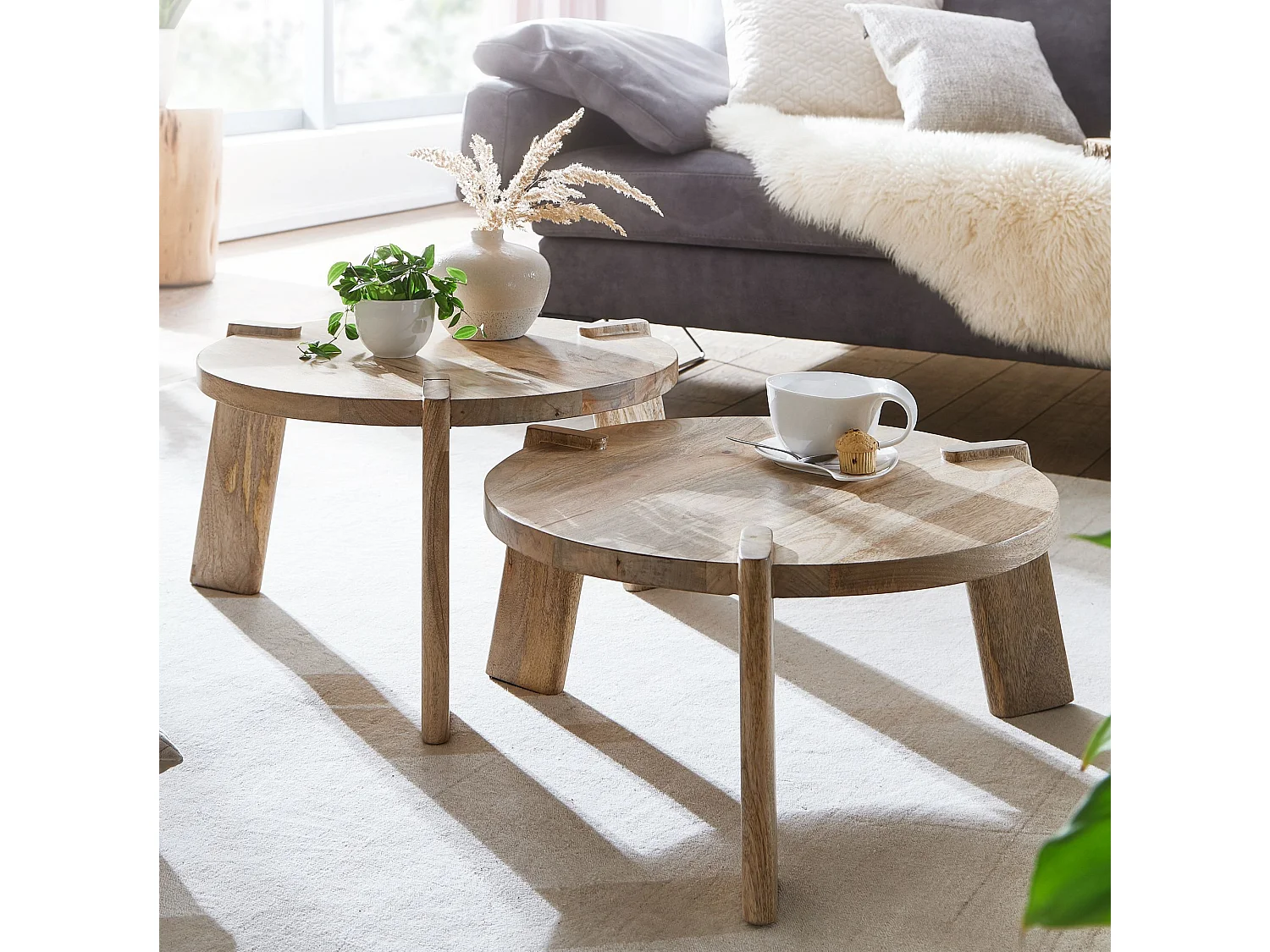 Couchtisch Set Rund Holz Massiv Wohnzimmertisch 2 teilig Beistelltisch