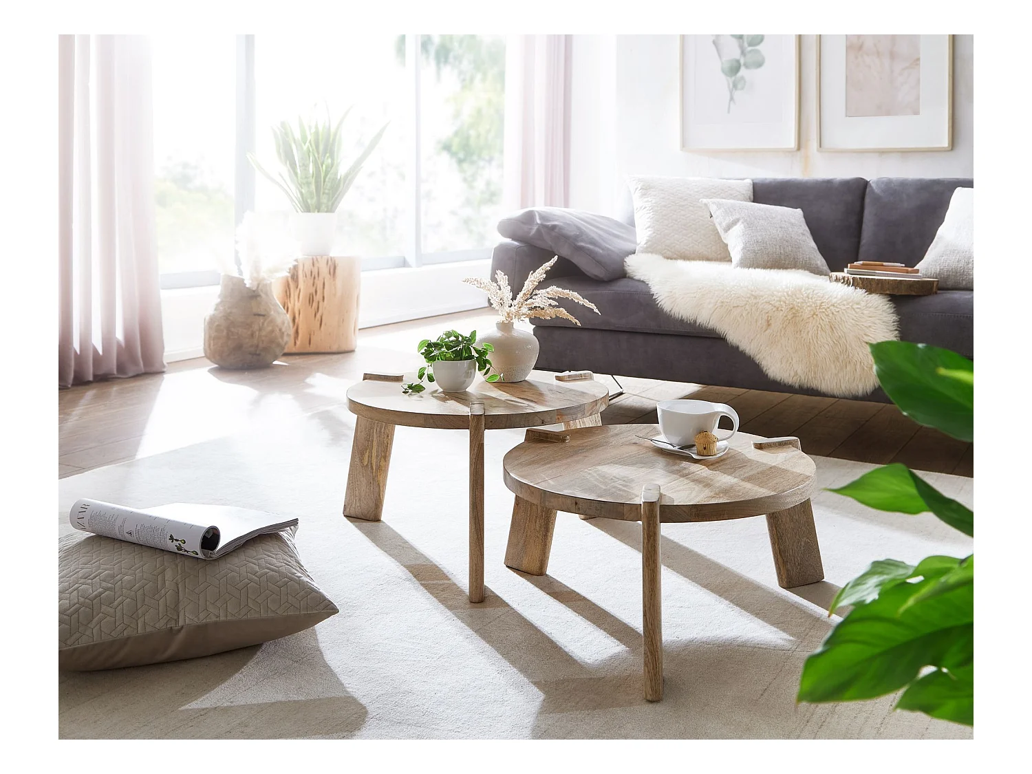 Couchtisch Set Rund Holz Massiv Wohnzimmertisch 2 teilig Beistelltisch