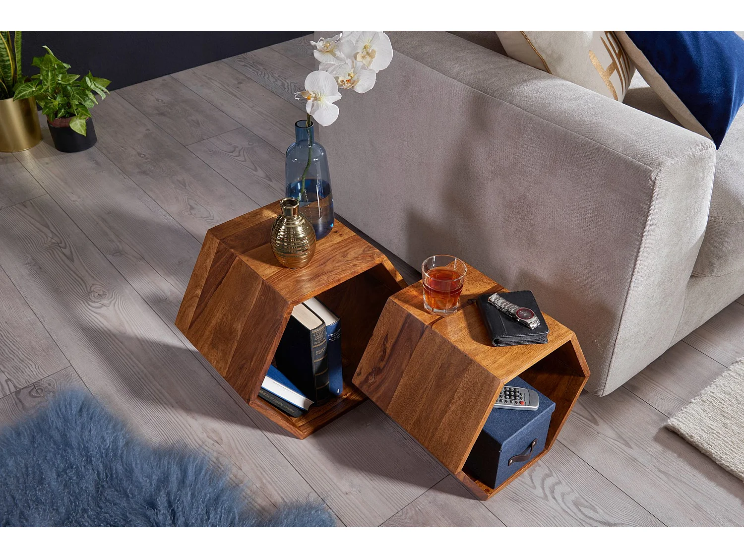 Beistelltisch 2er Set  Satztisch Wohnzimmertisch Holz Massiv Tisch Klein