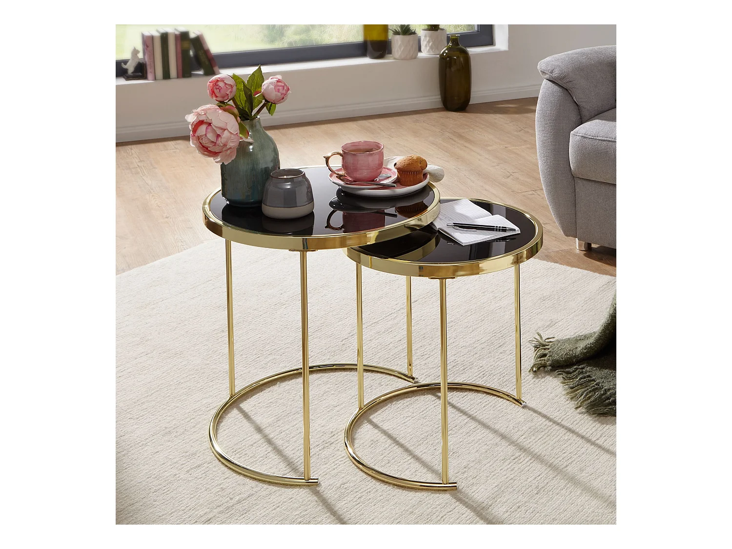 Satztisch COMO schwarz/Gold Beistelltisch Metall/Glas Couchtisch 2er Set