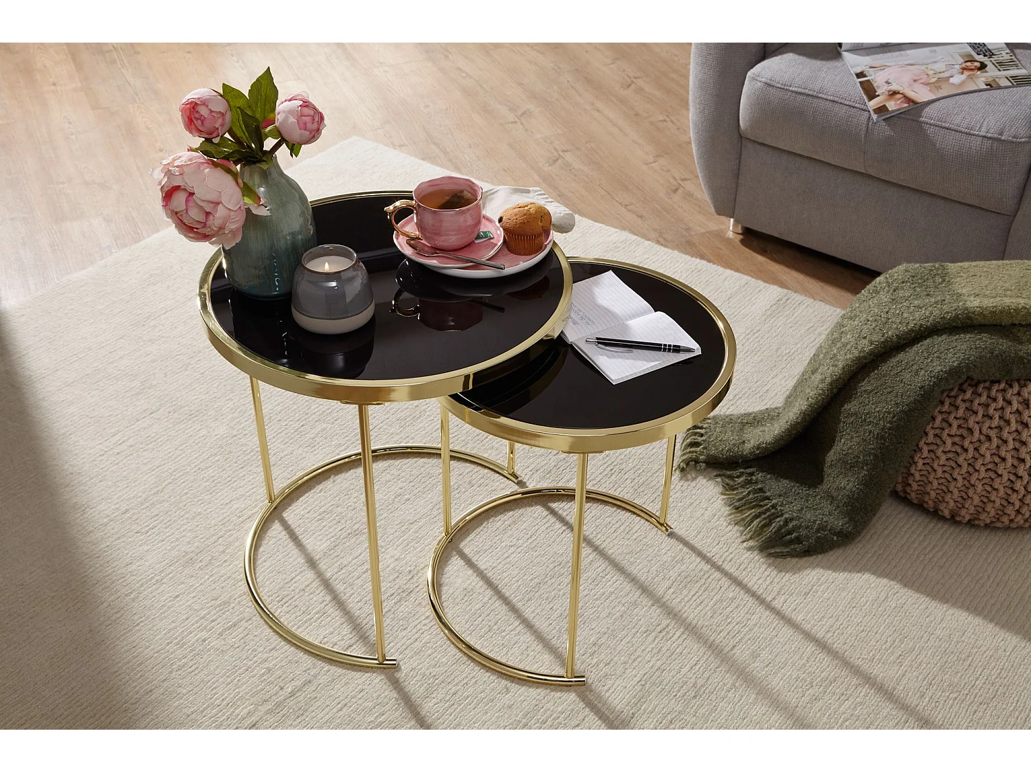 Satztisch COMO schwarz/Gold Beistelltisch Metall/Glas Couchtisch 2er Set