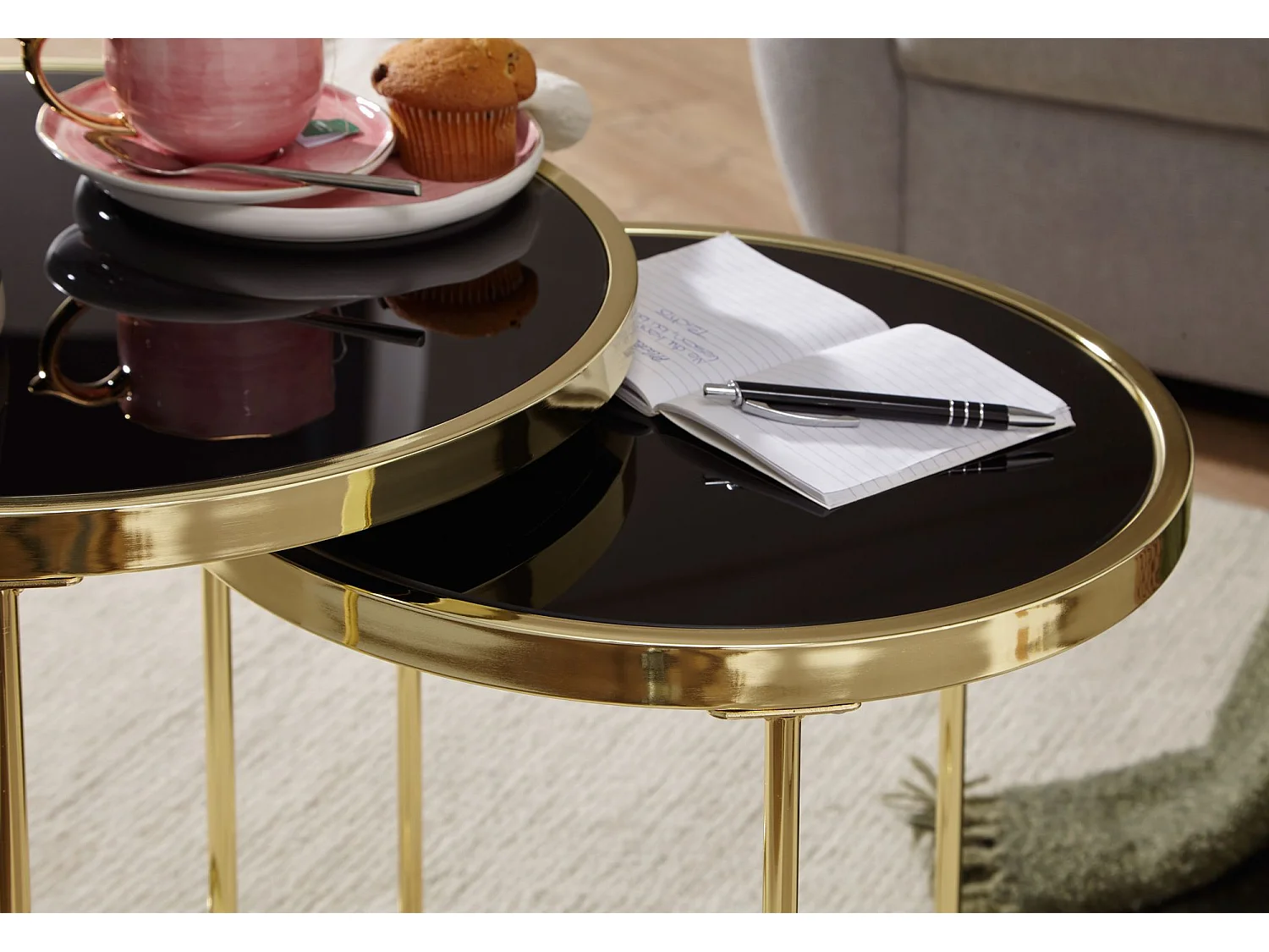 Satztisch COMO schwarz/Gold Beistelltisch Metall/Glas Couchtisch 2er Set