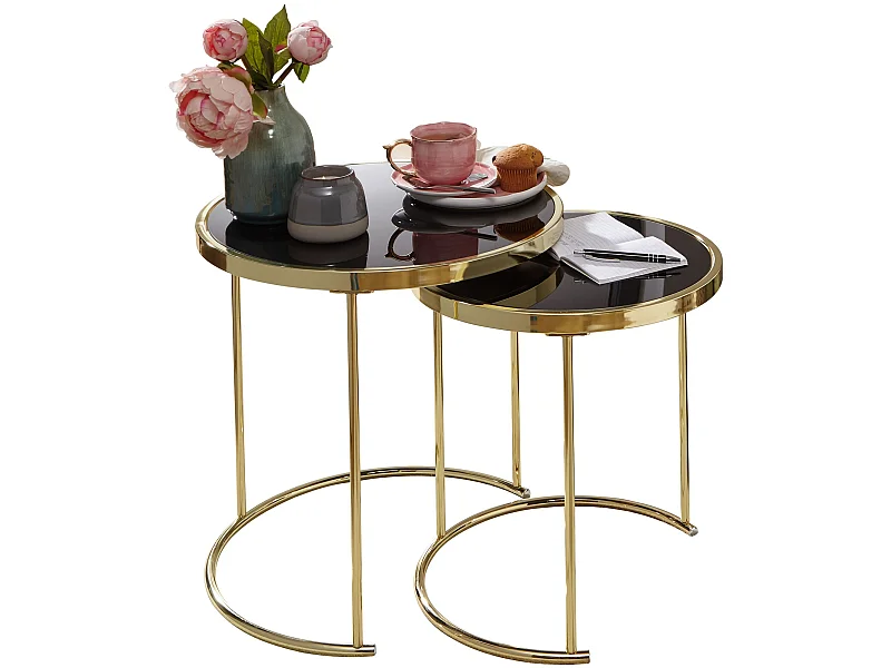 Set di 2 tavolini Vetro Metallo 50 cm Tavoli da salotto Nero Oro Rotondo