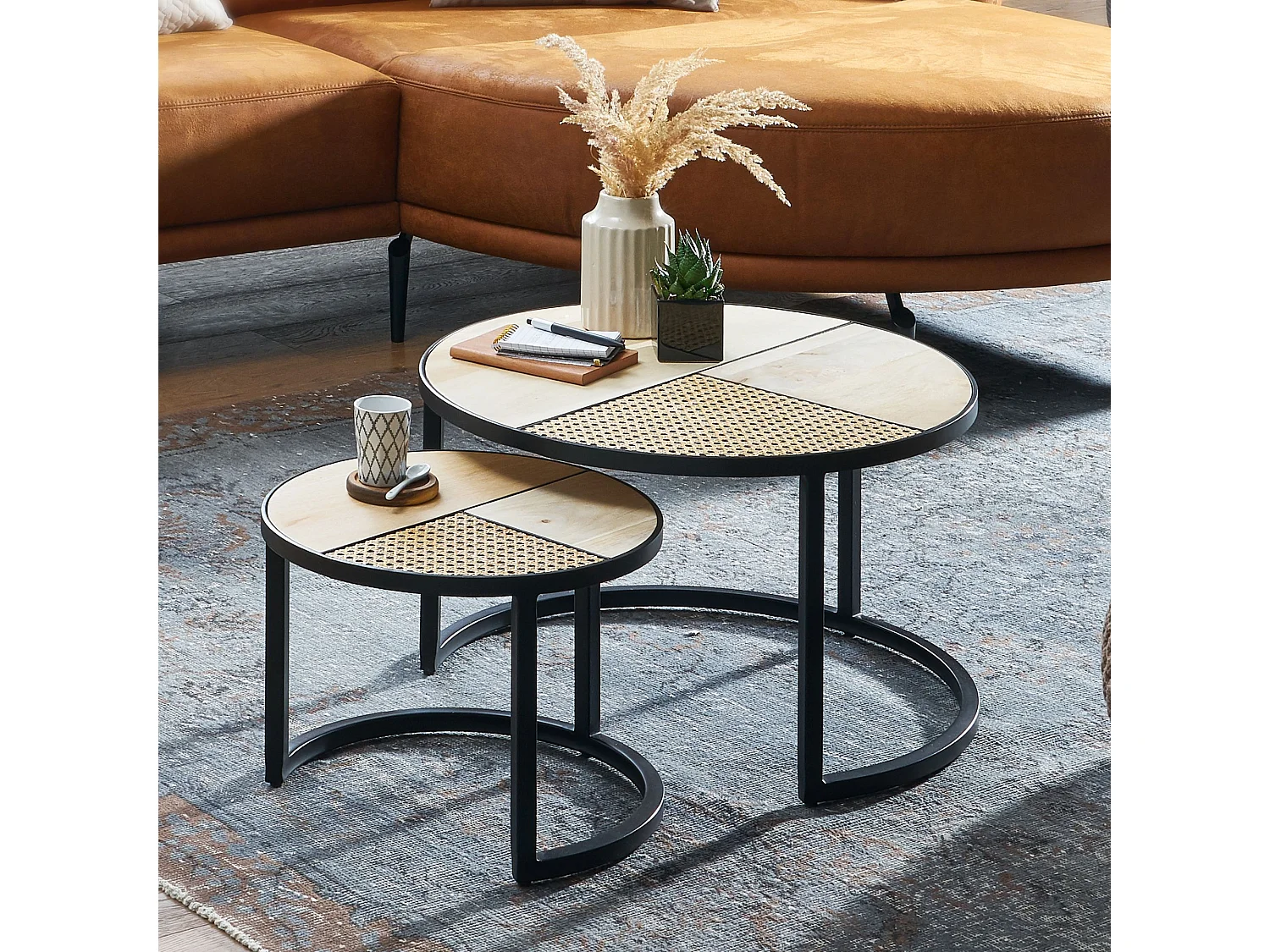 basse design  table de salon en bois massif 2 parties table d'appoint ronde