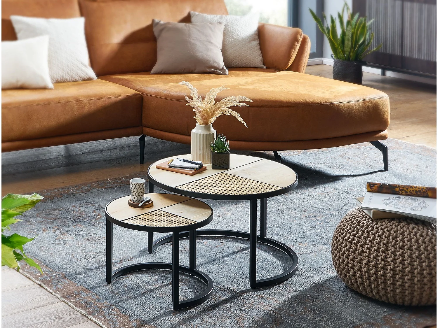 basse design  table de salon en bois massif 2 parties table d'appoint ronde