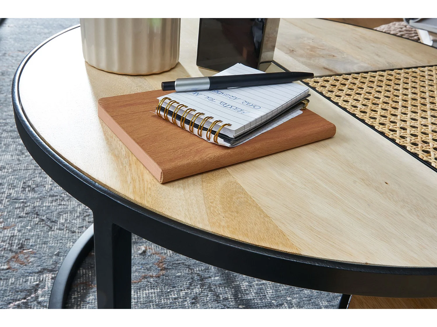 basse design  table de salon en bois massif 2 parties table d'appoint ronde