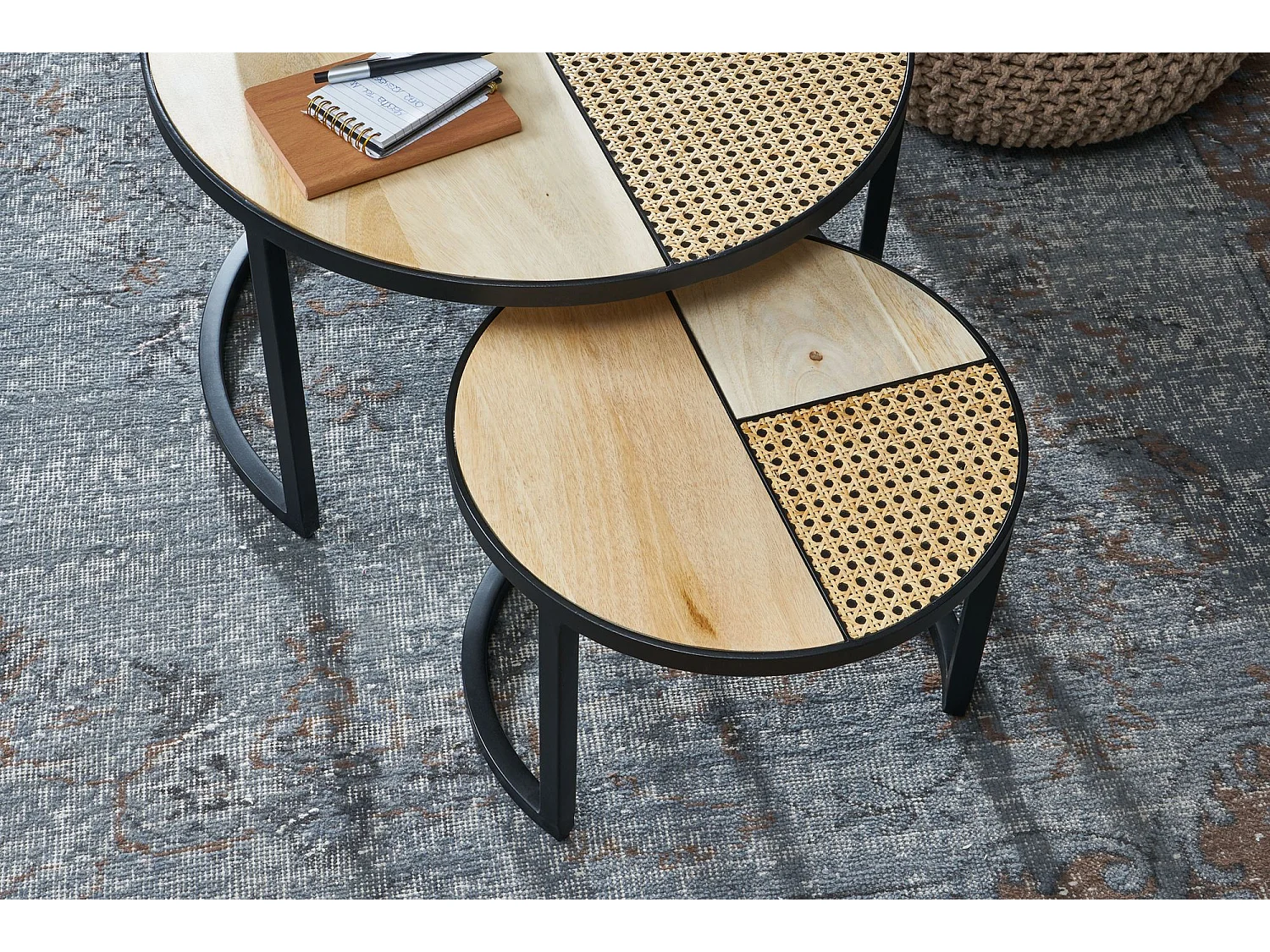 basse design  table de salon en bois massif 2 parties table d'appoint ronde