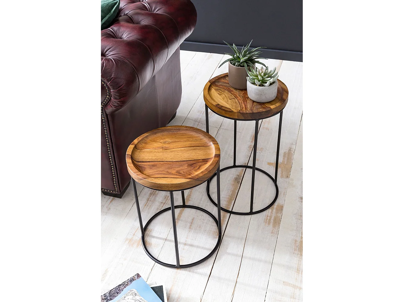 Set di 2 Tavolini Divano Tavolo Due Parti Legno Massello Piccolo