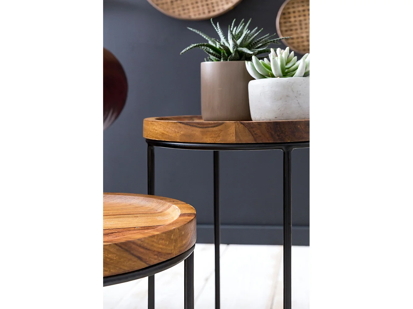 Set di 2 Tavolini Divano Tavolo Due Parti Legno Massello Piccolo