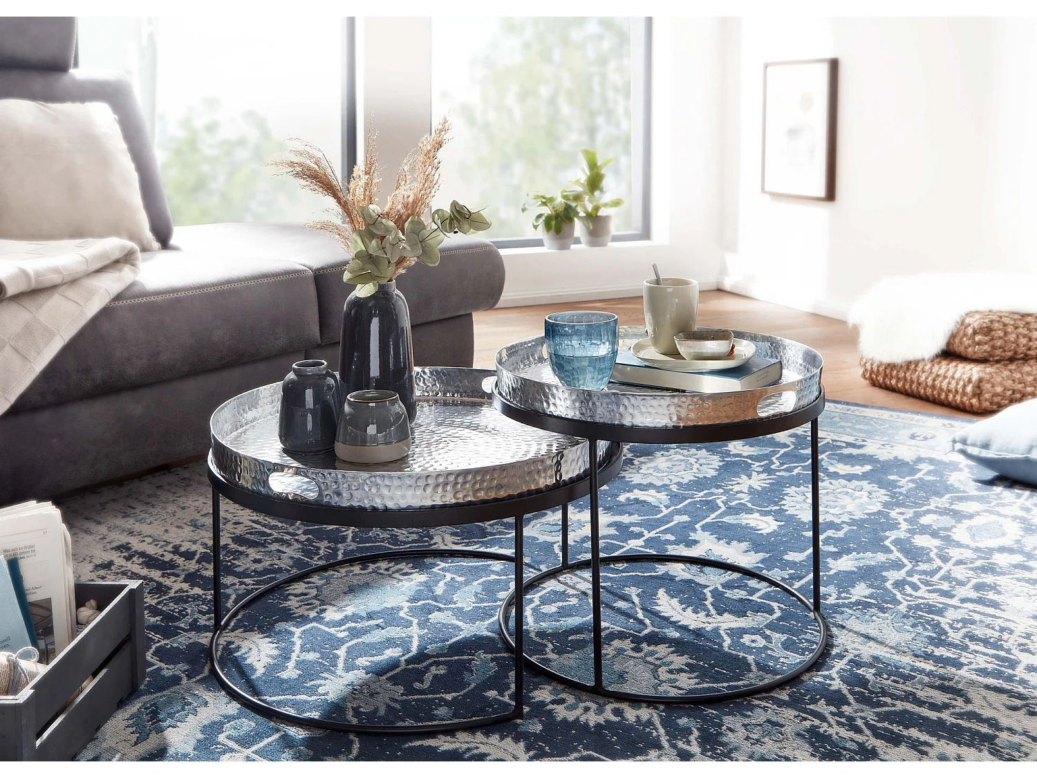 Set di 2 Tavolini da Soggiorno Metallo Tavoli Salotto Rotondo Martellato