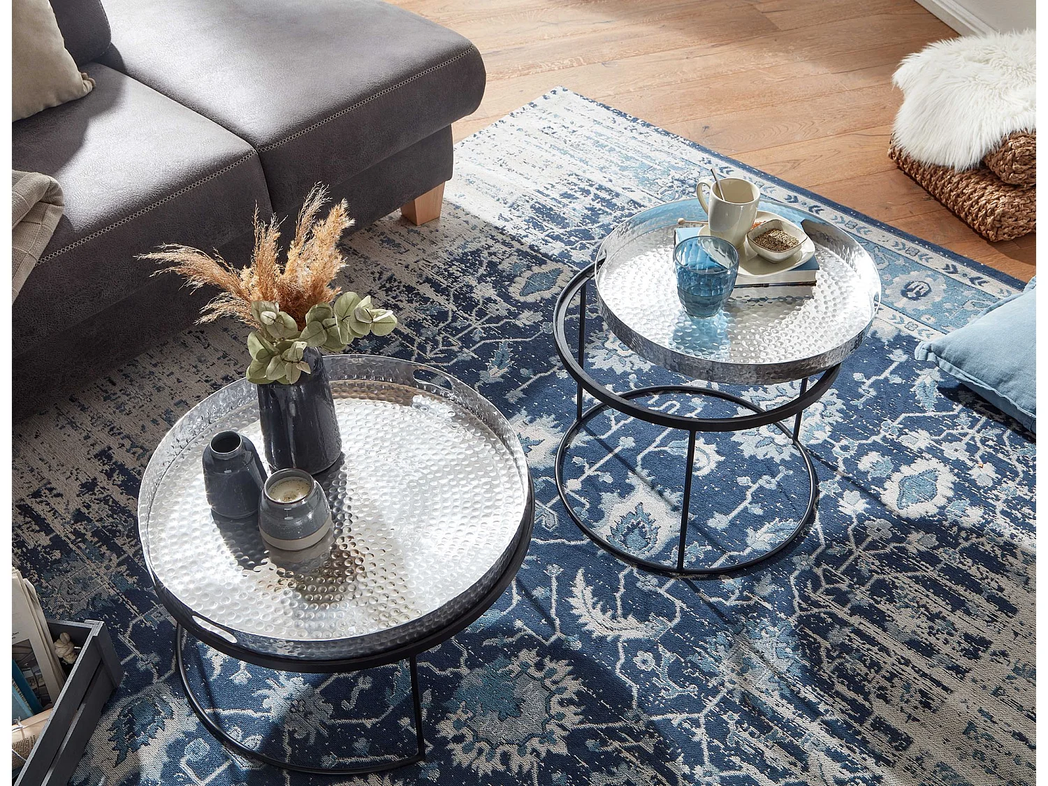 Set di 2 Tavolini da Soggiorno Metallo Tavoli Salotto Rotondo Martellato