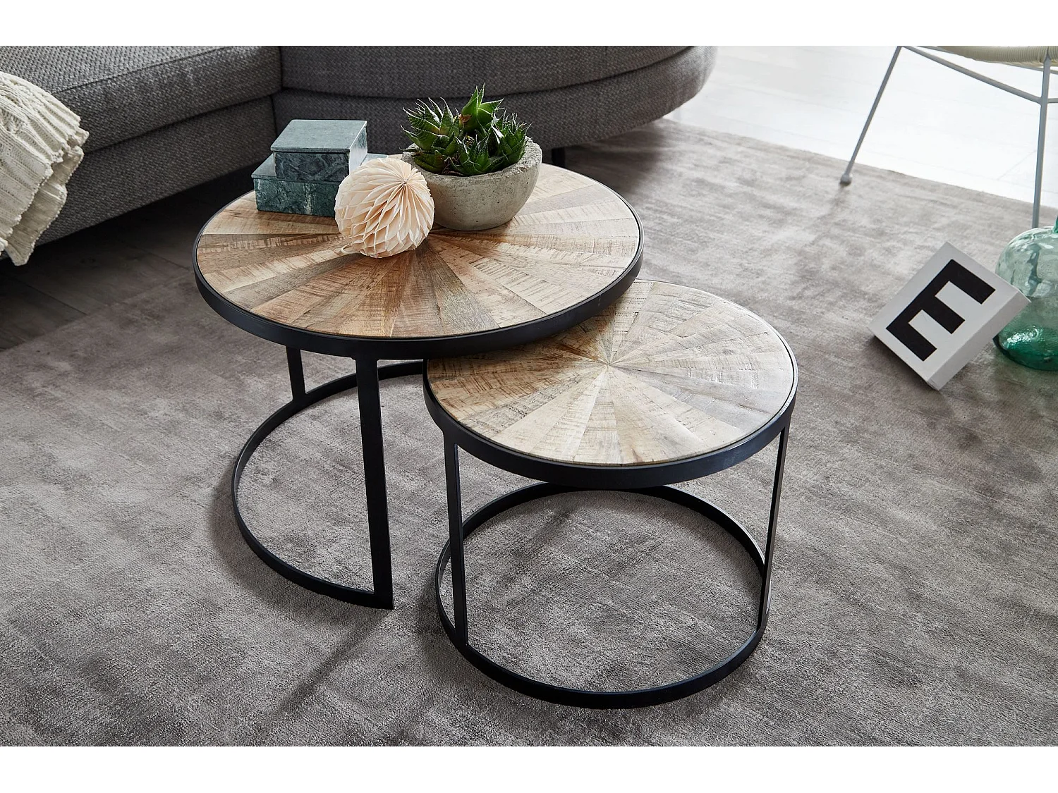 Design Couchtisch Massivholz Wohnzimmertisch 2 teilig Rund Sofatisch