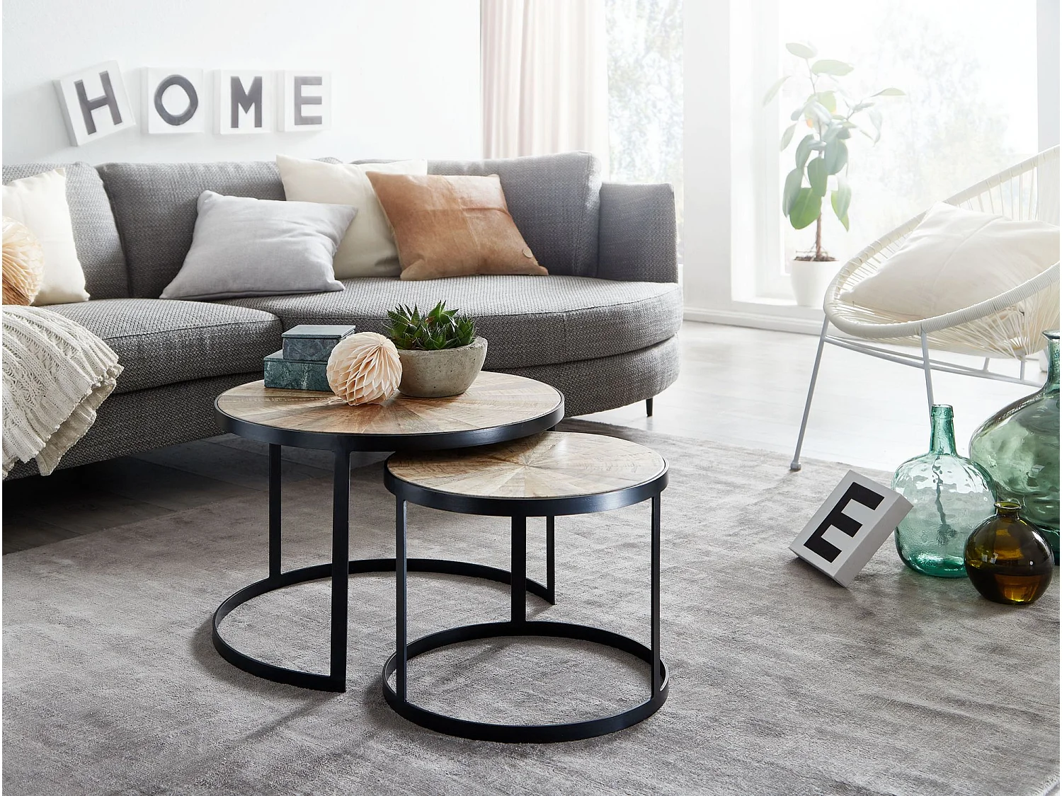 Design Couchtisch Massivholz Wohnzimmertisch 2 teilig Rund Sofatisch