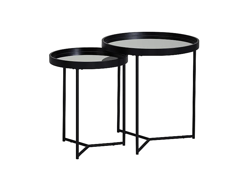Beistelltisch 2tlg Rund Schwarz Spiegel Glas Wohnzimmertisch Satztisch