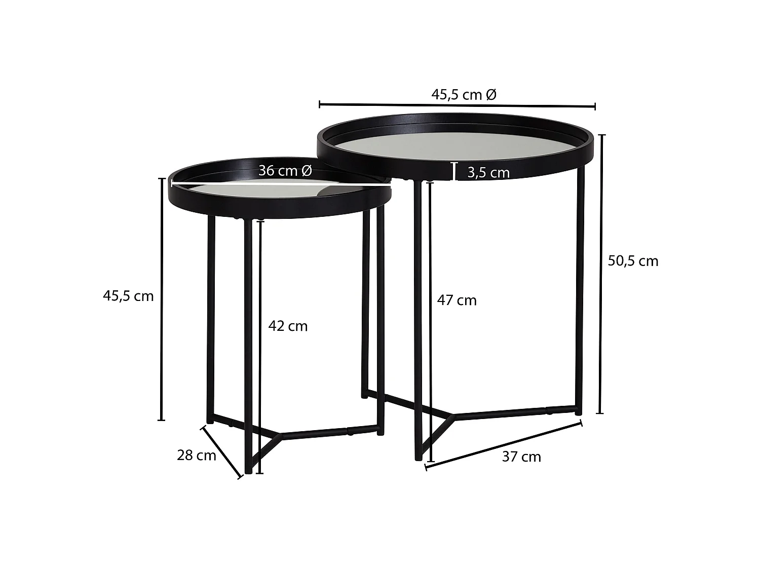 Beistelltisch 2tlg Rund Schwarz Spiegel Glas Wohnzimmertisch Satztisch