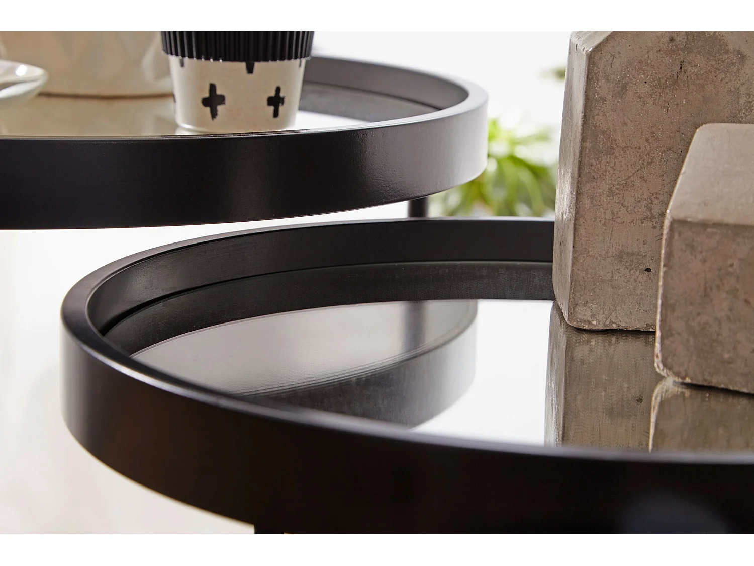 Beistelltisch 2tlg Rund Schwarz Spiegel Glas Wohnzimmertisch Satztisch