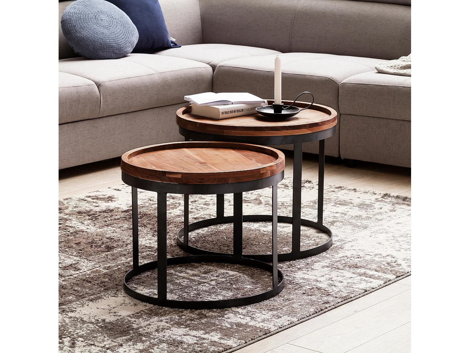 2er Set Beistelltische Massivholz Wohnzimmertisch Landhaus Metallgestell