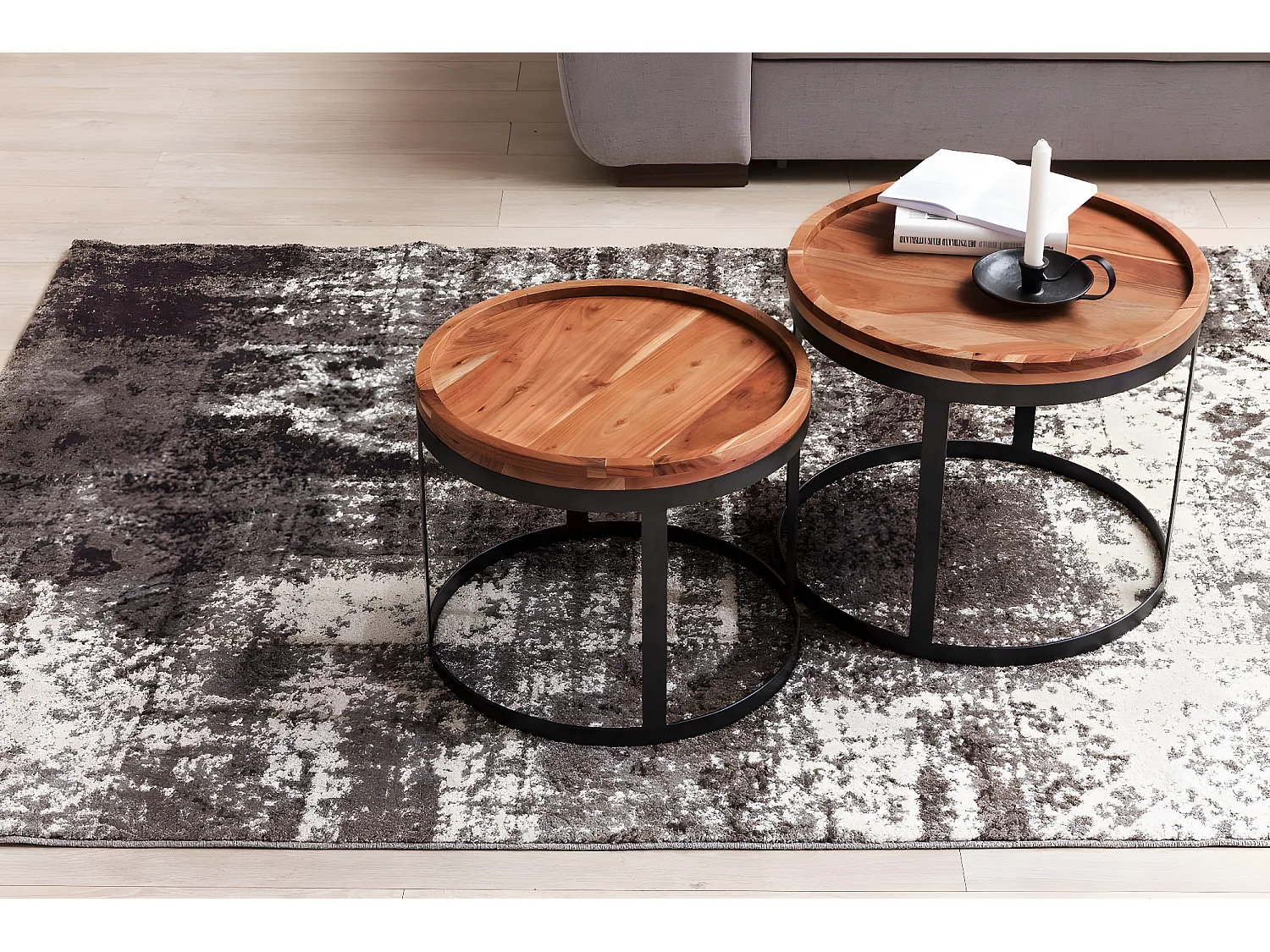 2er Set Beistelltische Massivholz Wohnzimmertisch Landhaus Metallgestell