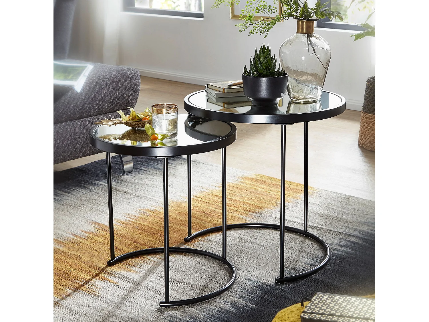 Couchtisch 2tlg Rund Schwarz Spiegel Glas Wohnzimmertisch Beistelltisch