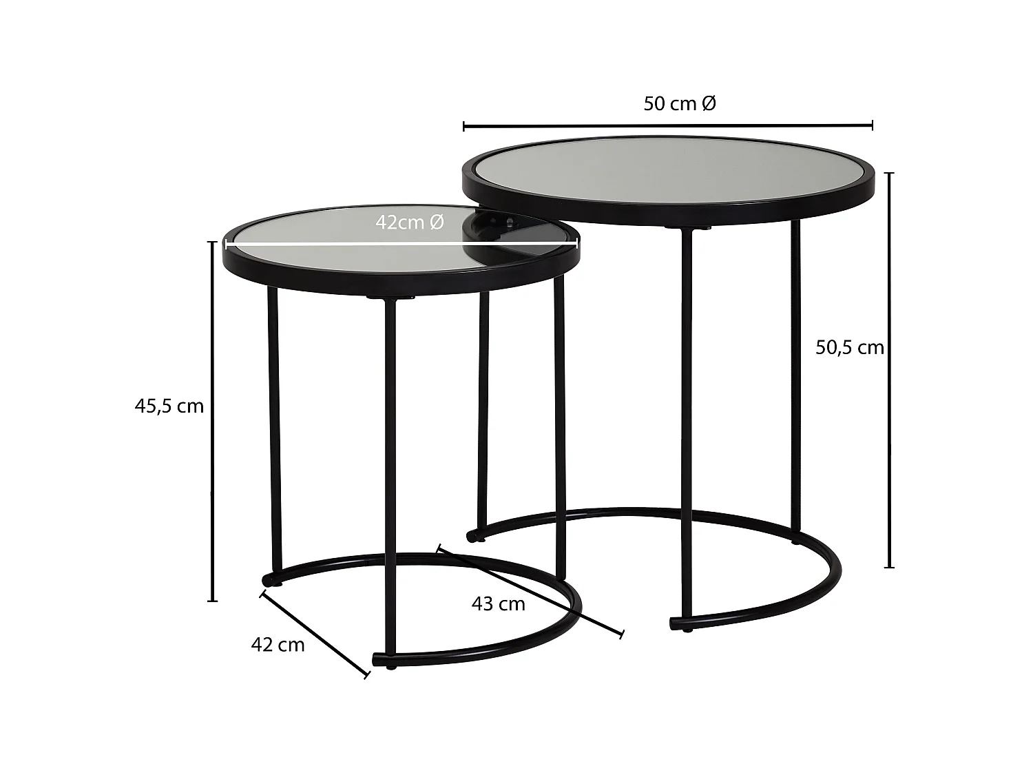 Couchtisch 2tlg Rund Schwarz Spiegel Glas Wohnzimmertisch Beistelltisch