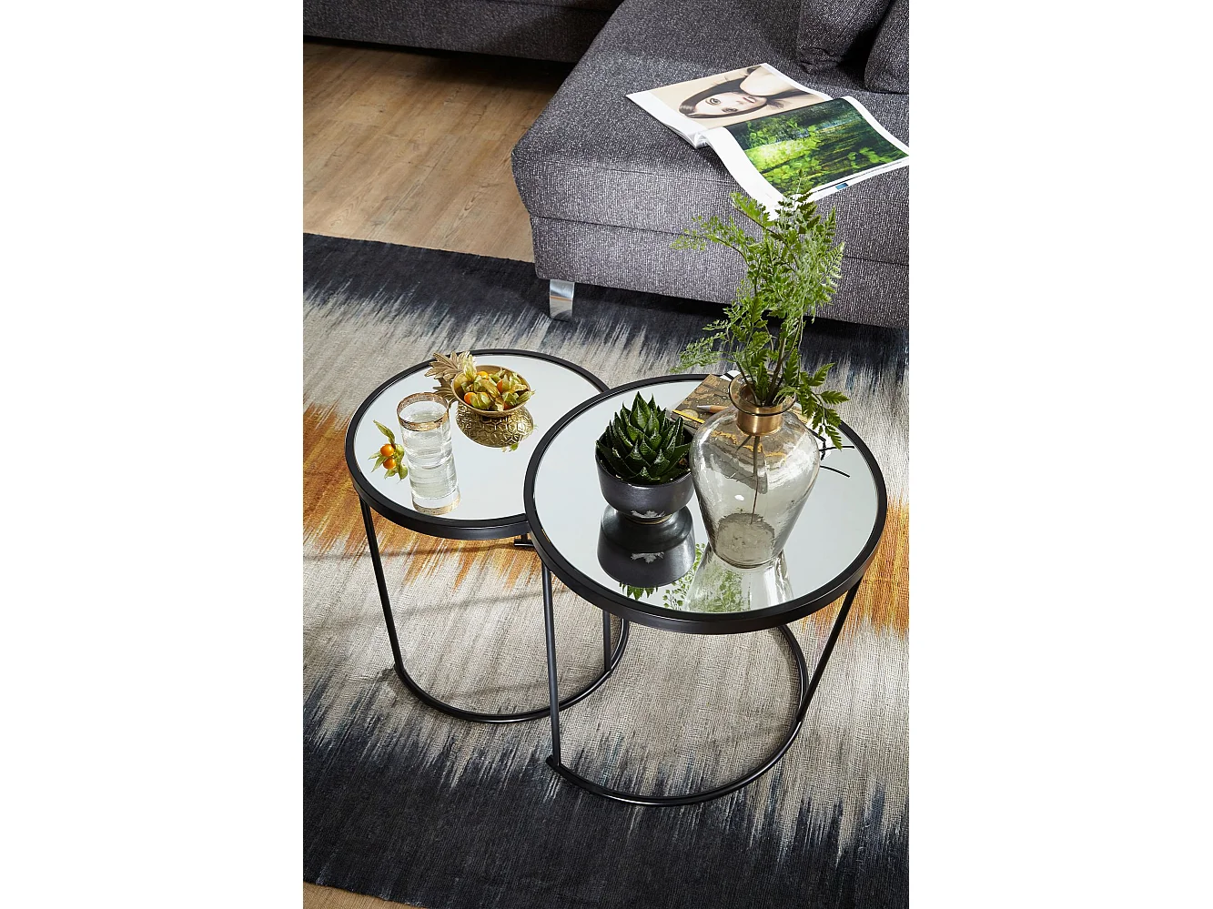 Couchtisch 2tlg Rund Schwarz Spiegel Glas Wohnzimmertisch Beistelltisch