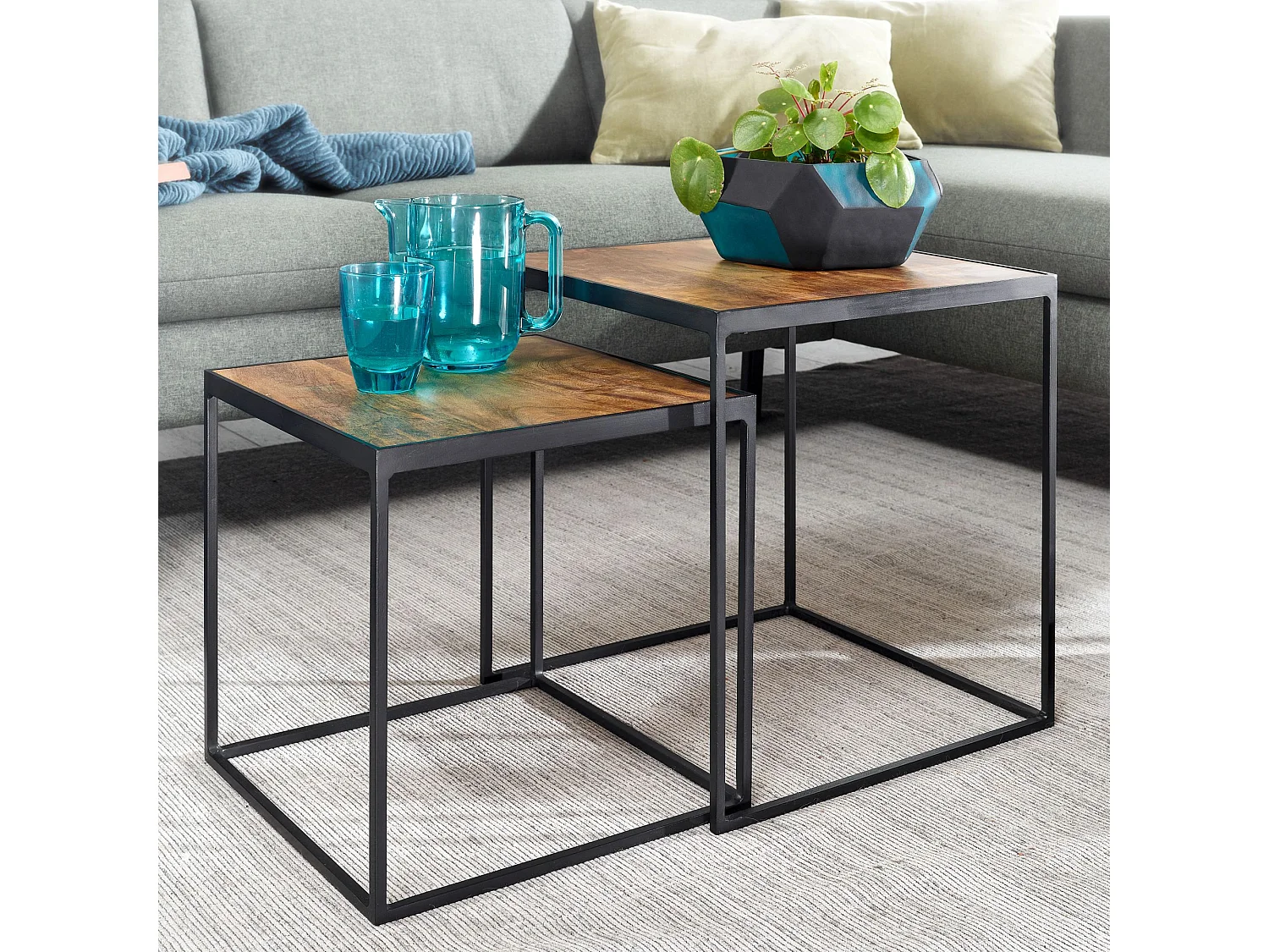 Tables Gigognes Bois Massif Carré Table d'appoint Basse Moderne Lot de 2