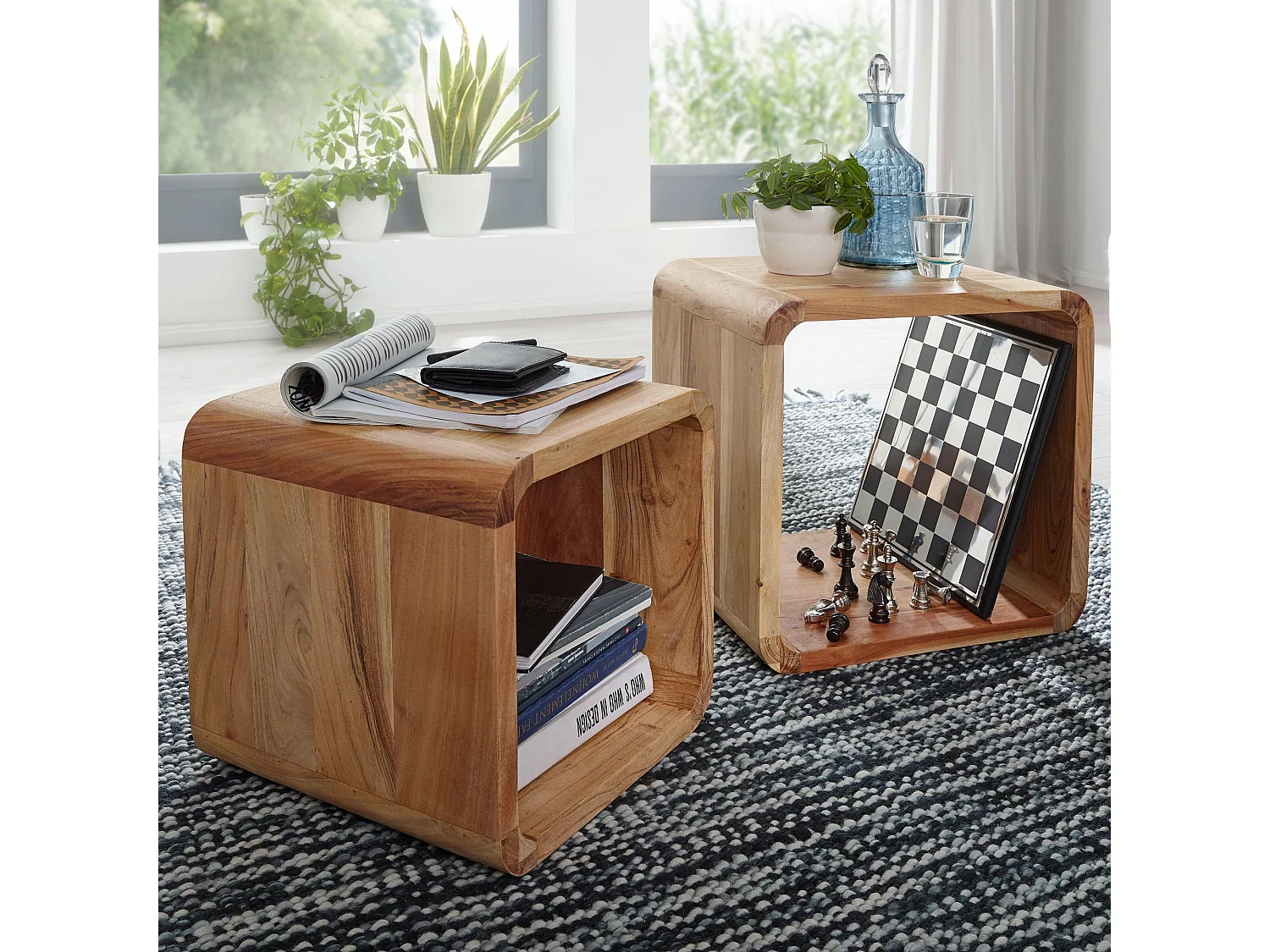 Set di 2 Tavolino Salotto Legno Massello Tavolini da Soggiorno Tavoli