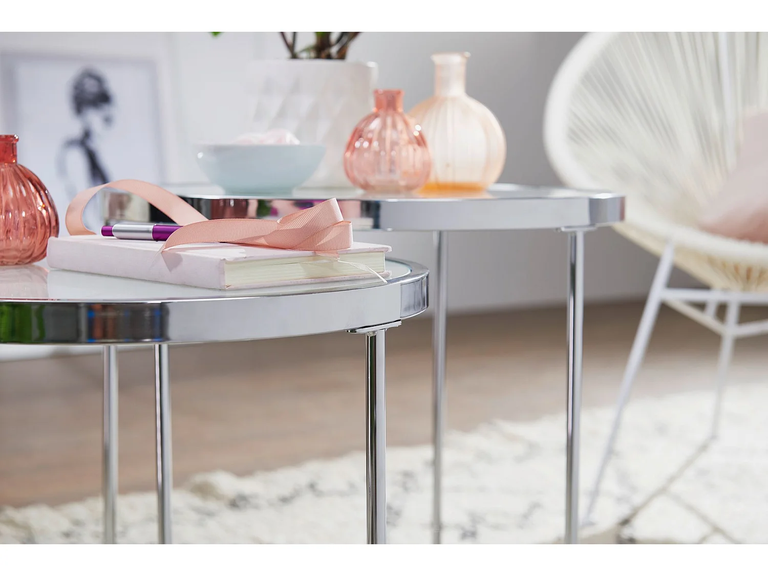 Table d'appoint Table de salon ronde en 2 parties Table basse en verre blanc argenté