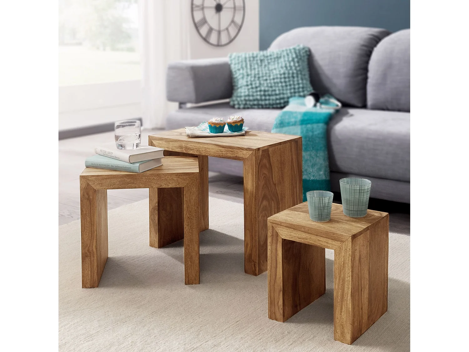 Set di 3 tavolini massiccio Tavoli da salotto Stile casa di campagna