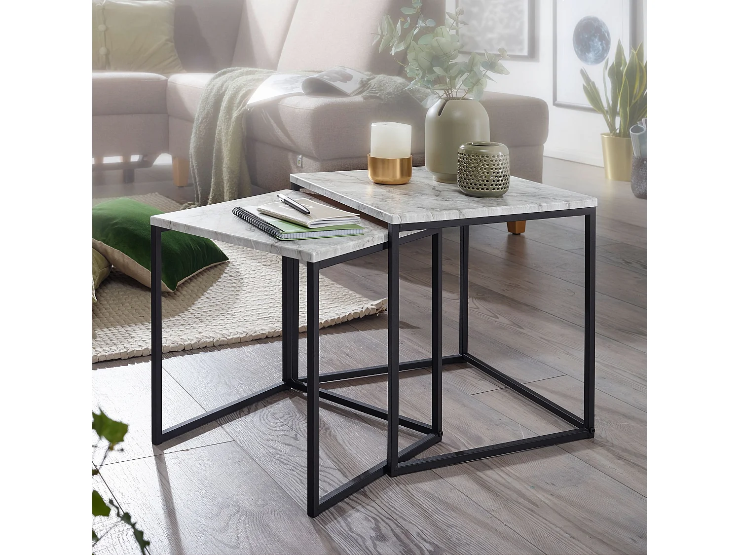 table d'appoint ensemble de table basse 2 places table de salon blanc aspect marbre