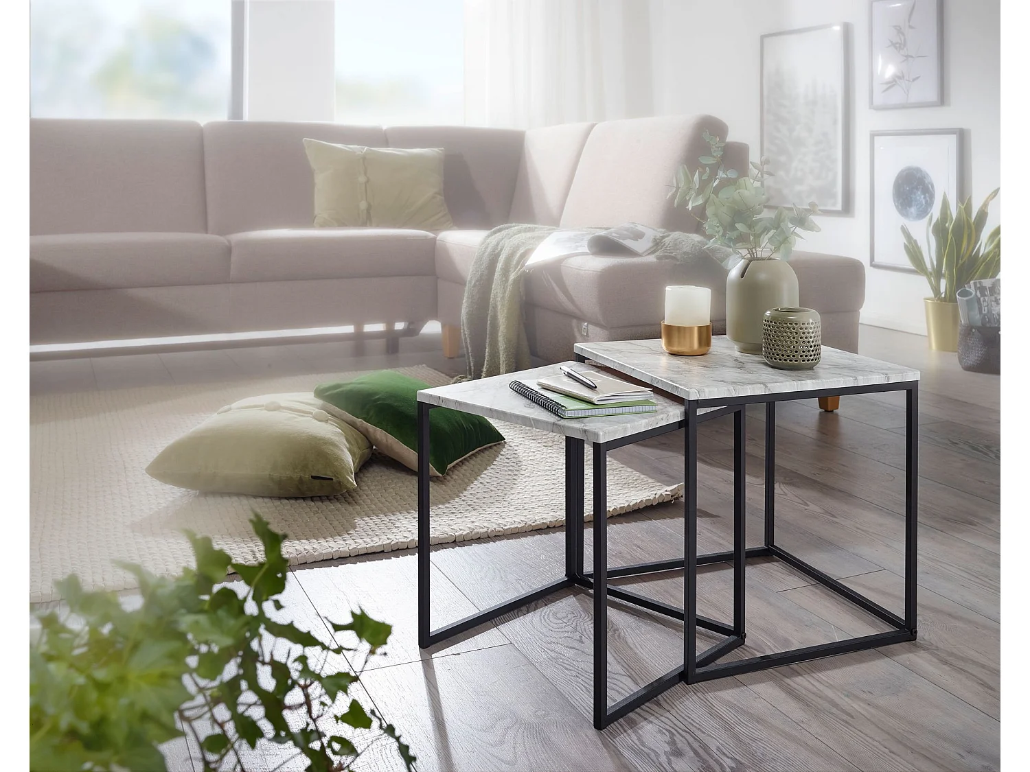 table d'appoint ensemble de table basse 2 places table de salon blanc aspect marbre