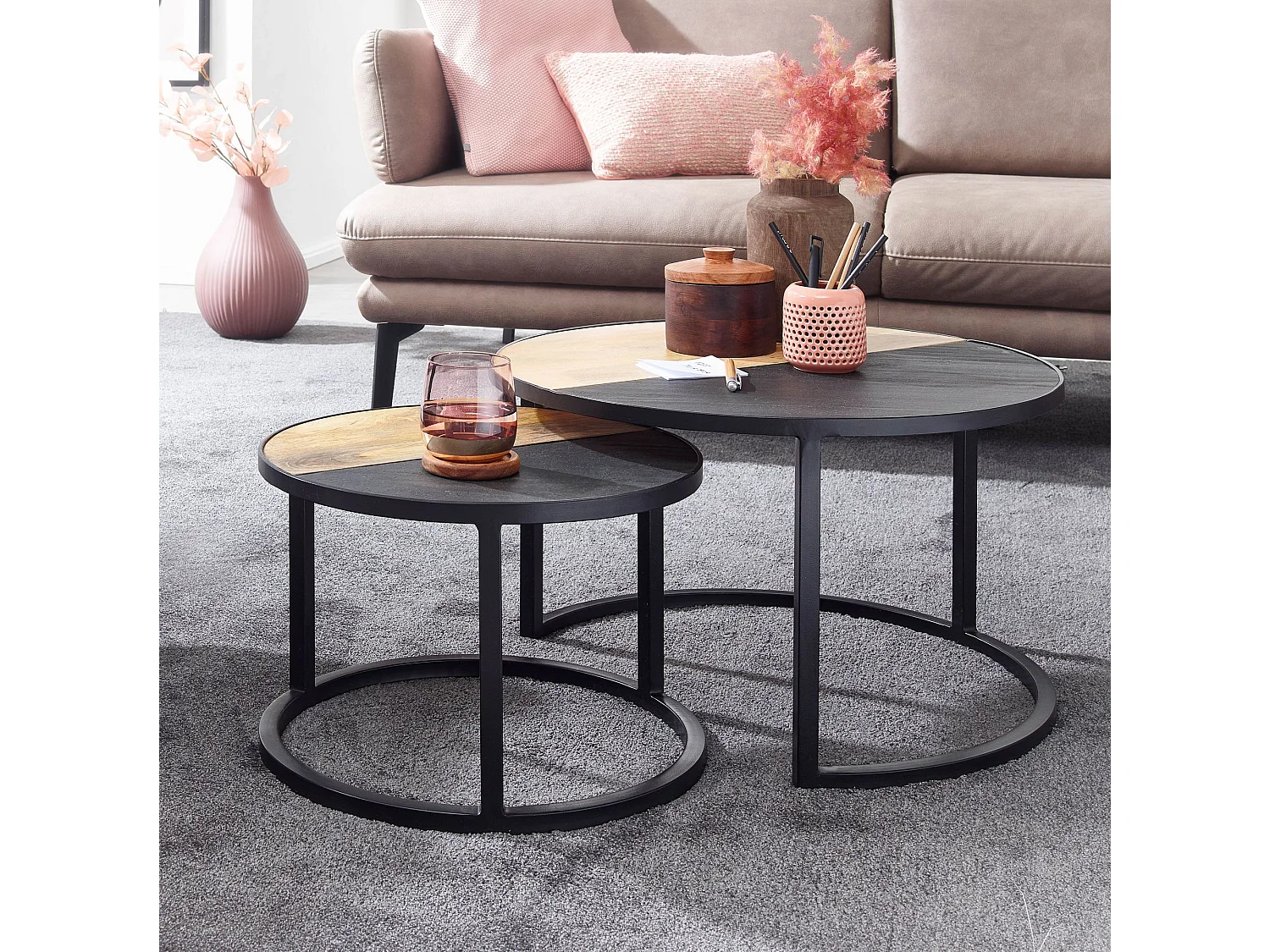 Couchtisch  Wohnzimmertisch 2 teilig Massivholz Rund Beistelltisch Tisch