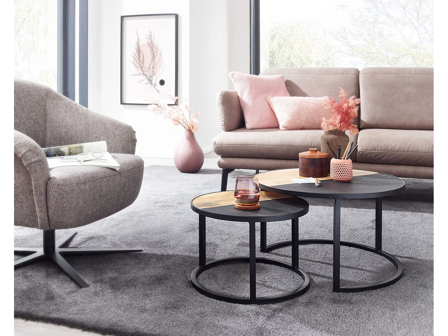 Couchtisch  Wohnzimmertisch 2 teilig Massivholz Rund Beistelltisch Tisch