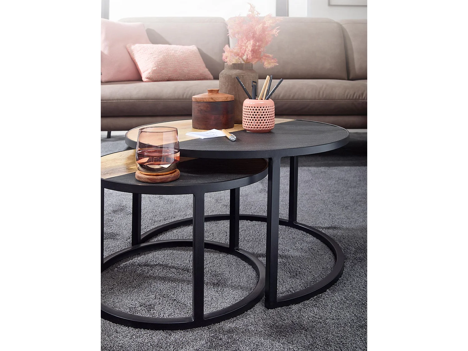 Couchtisch  Wohnzimmertisch 2 teilig Massivholz Rund Beistelltisch Tisch