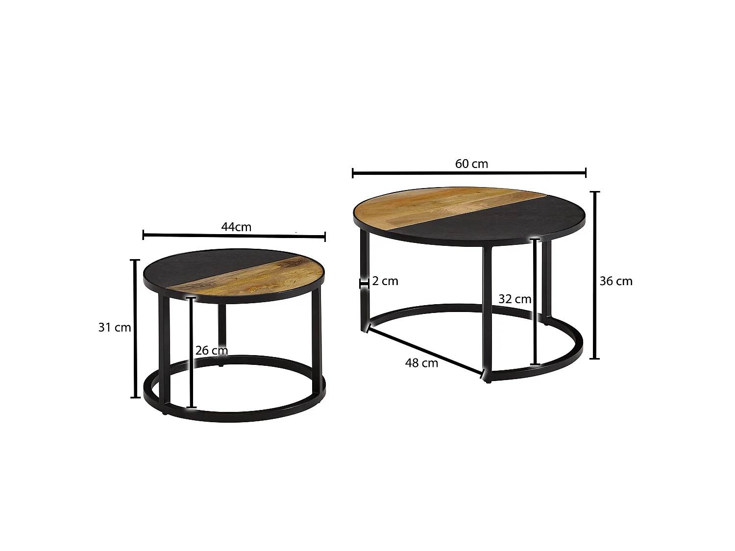 Set di 2 Tavolini da Caffè Legno Massello Tavolino Tavoli Rotondo