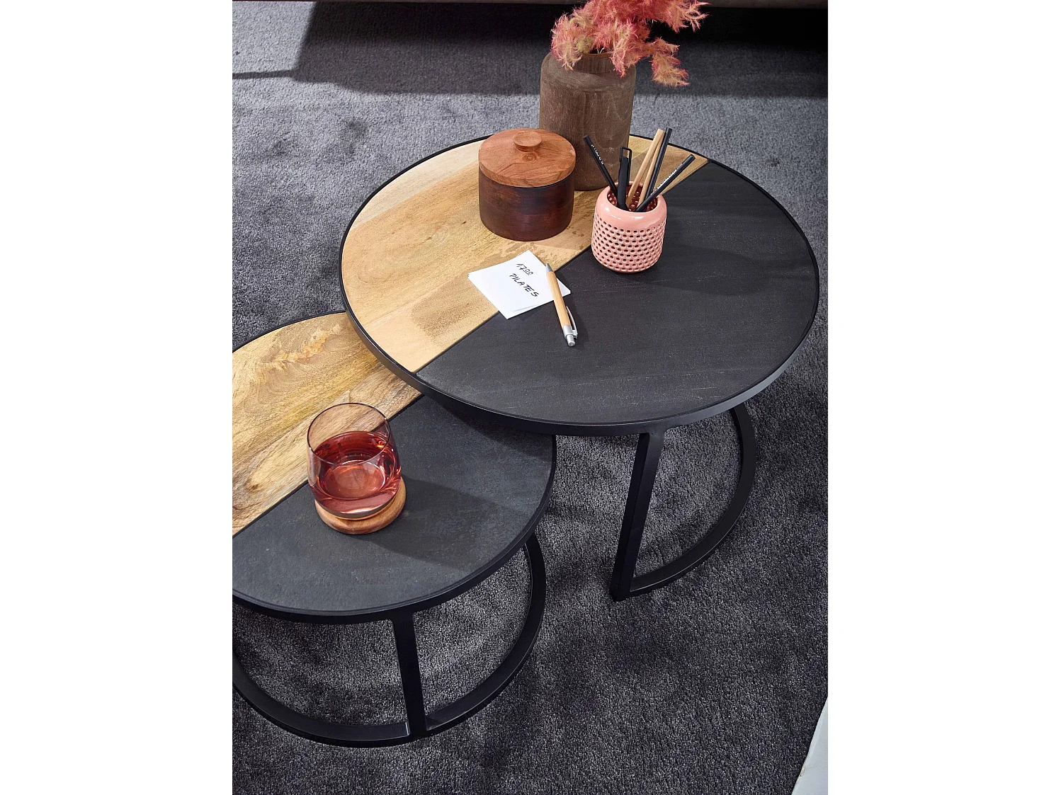 Set di 2 Tavolini da Caffè Legno Massello Tavolino Tavoli Rotondo