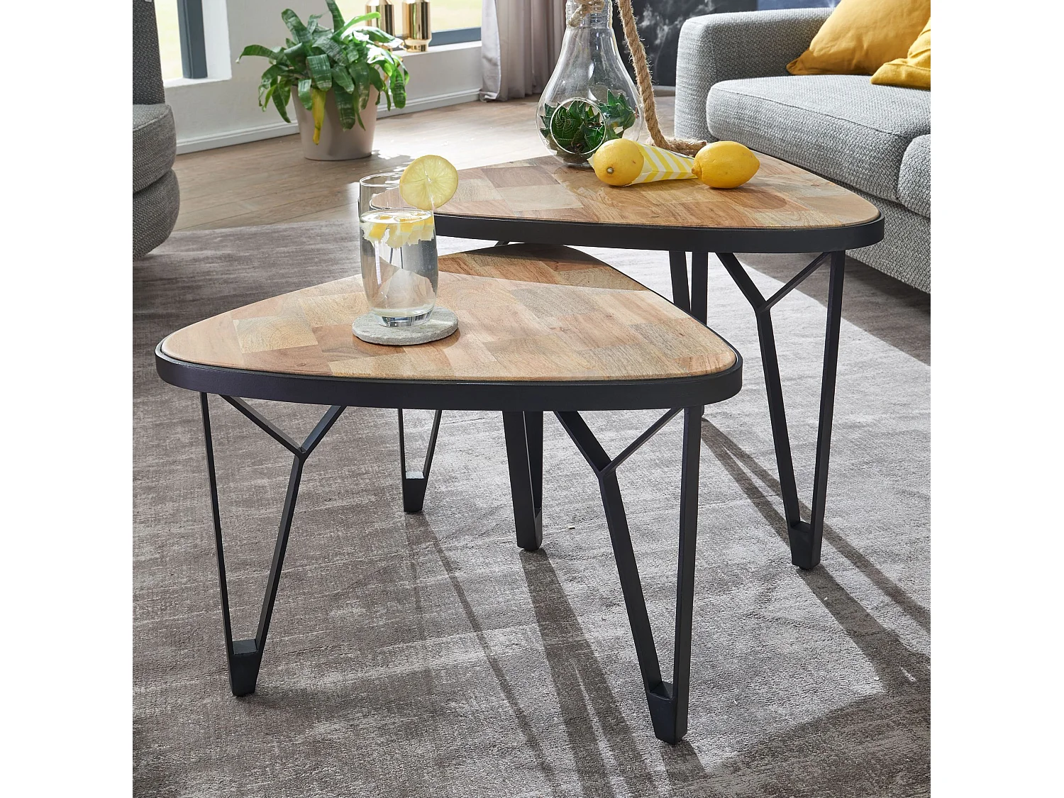 Table Basse de Salon Lot de 2 Table de Canapé Bois Metal Industriel