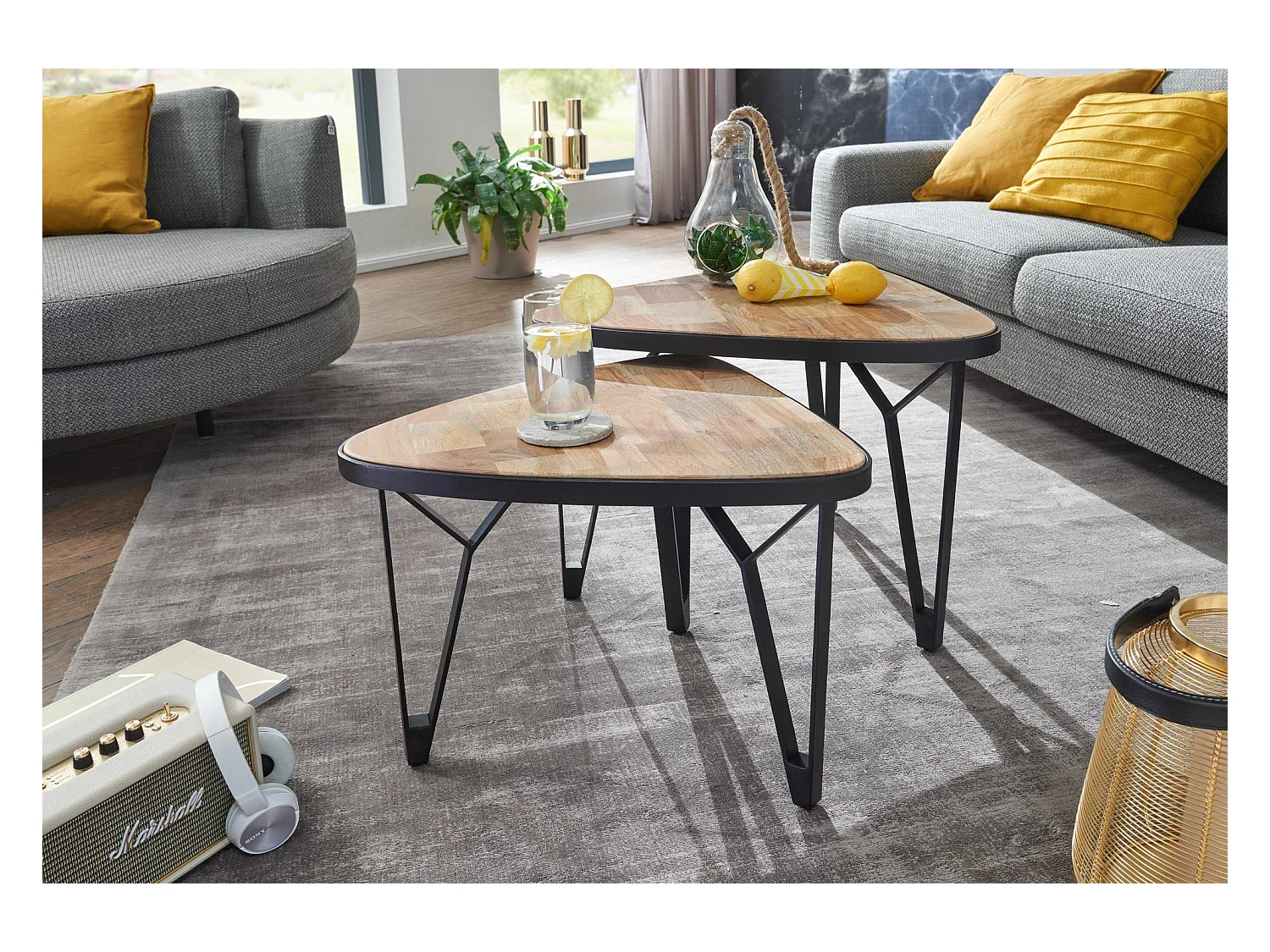 Couchtisch Massivholz Metall Wohnzimmertisch 2er Set Satztisch Tisch