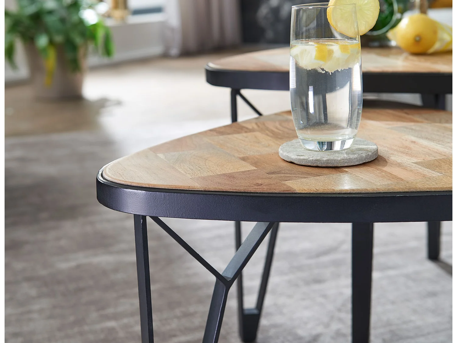 Couchtisch Massivholz Metall Wohnzimmertisch 2er Set Satztisch Tisch