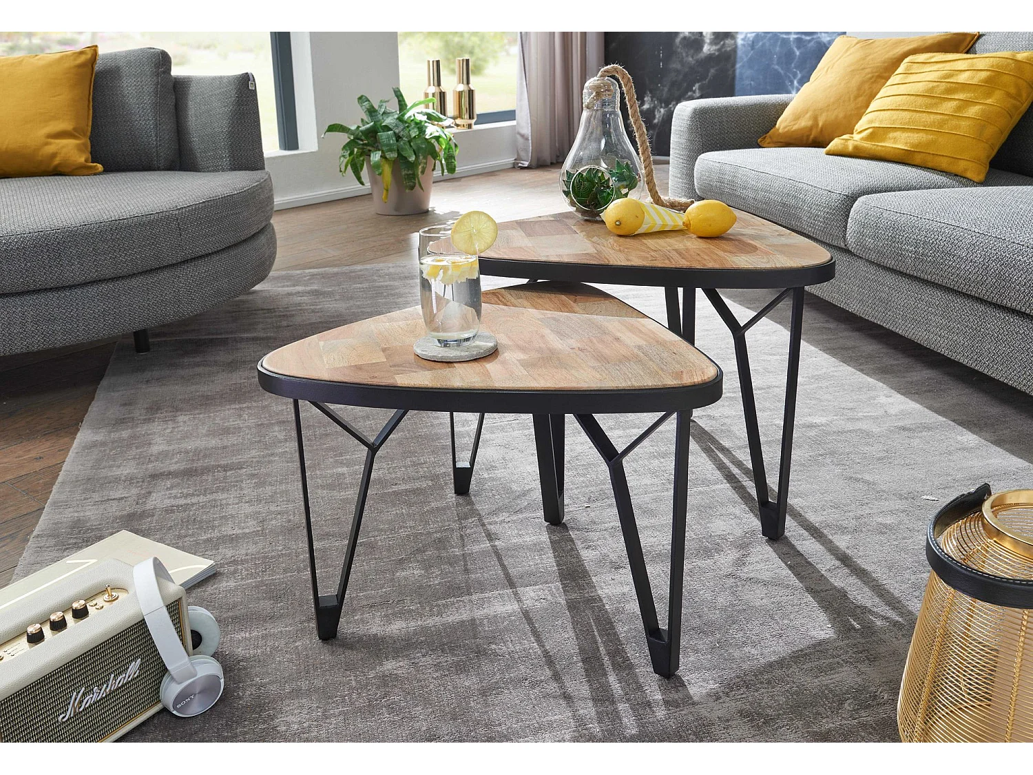 Table Basse de Salon Lot de 2 Table de Canapé Bois Metal Industriel