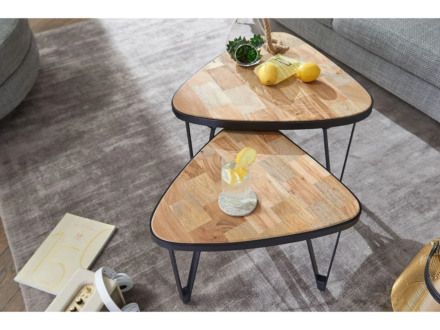 Tavolini Salotto Tavoli Soggiorno Legno Massello Metallo Set di Tavolino