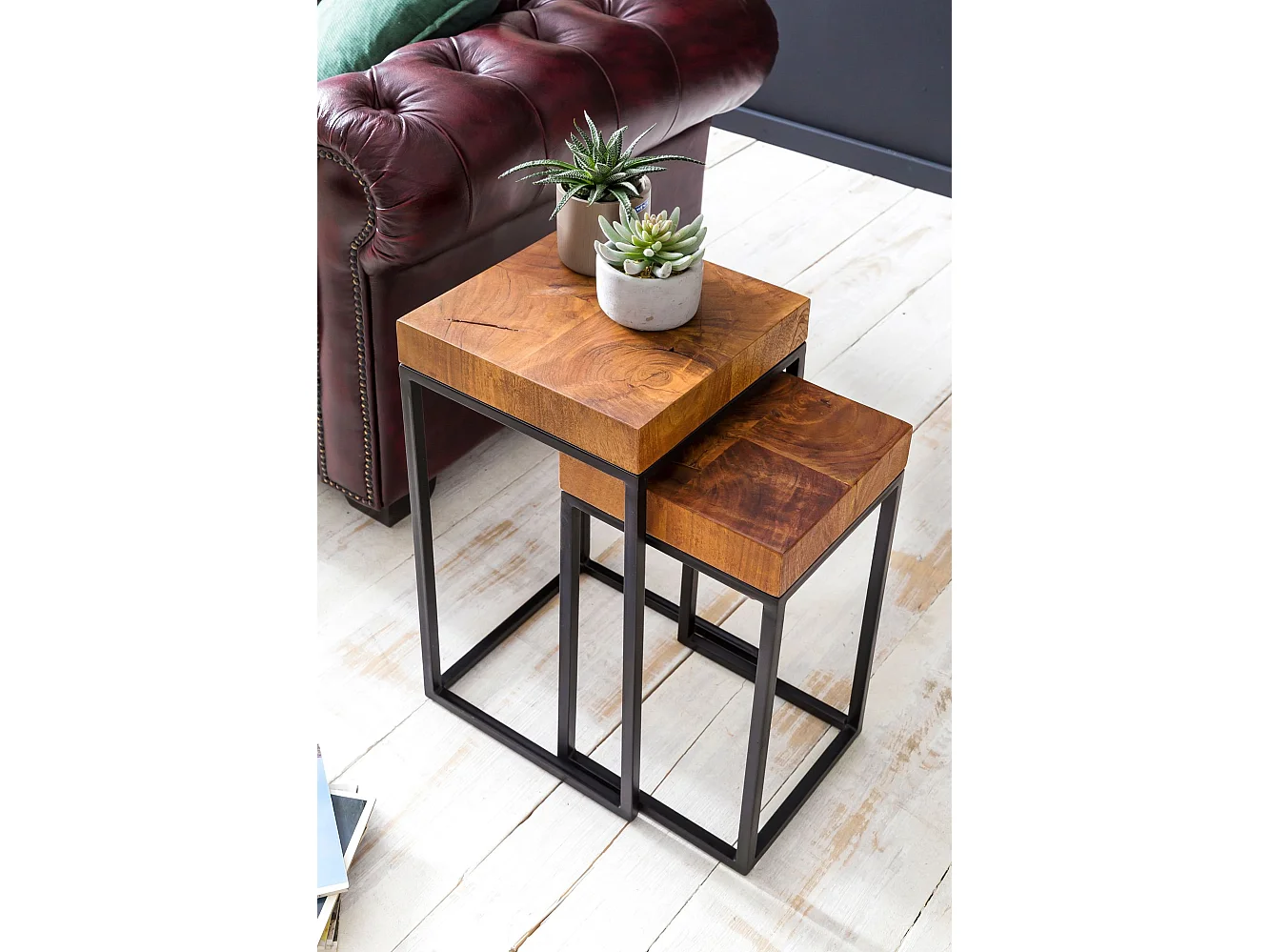 Set di 2 Tavolini Divano Tavolo Due Parti Legno Massello Piccolo