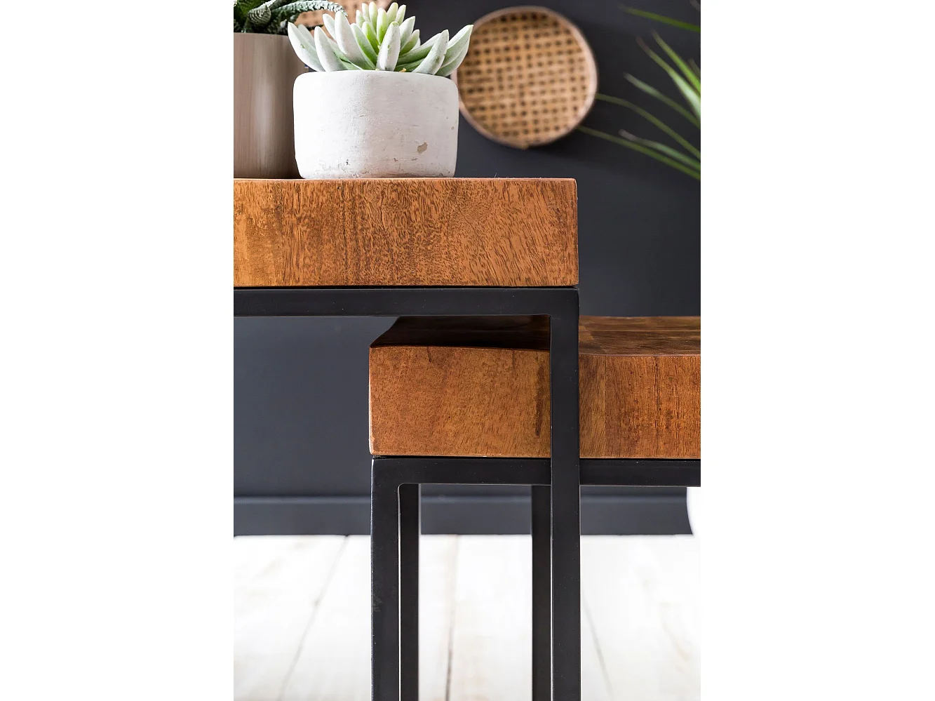 Set di 2 Tavolini Divano Tavolo Due Parti Legno Massello Piccolo